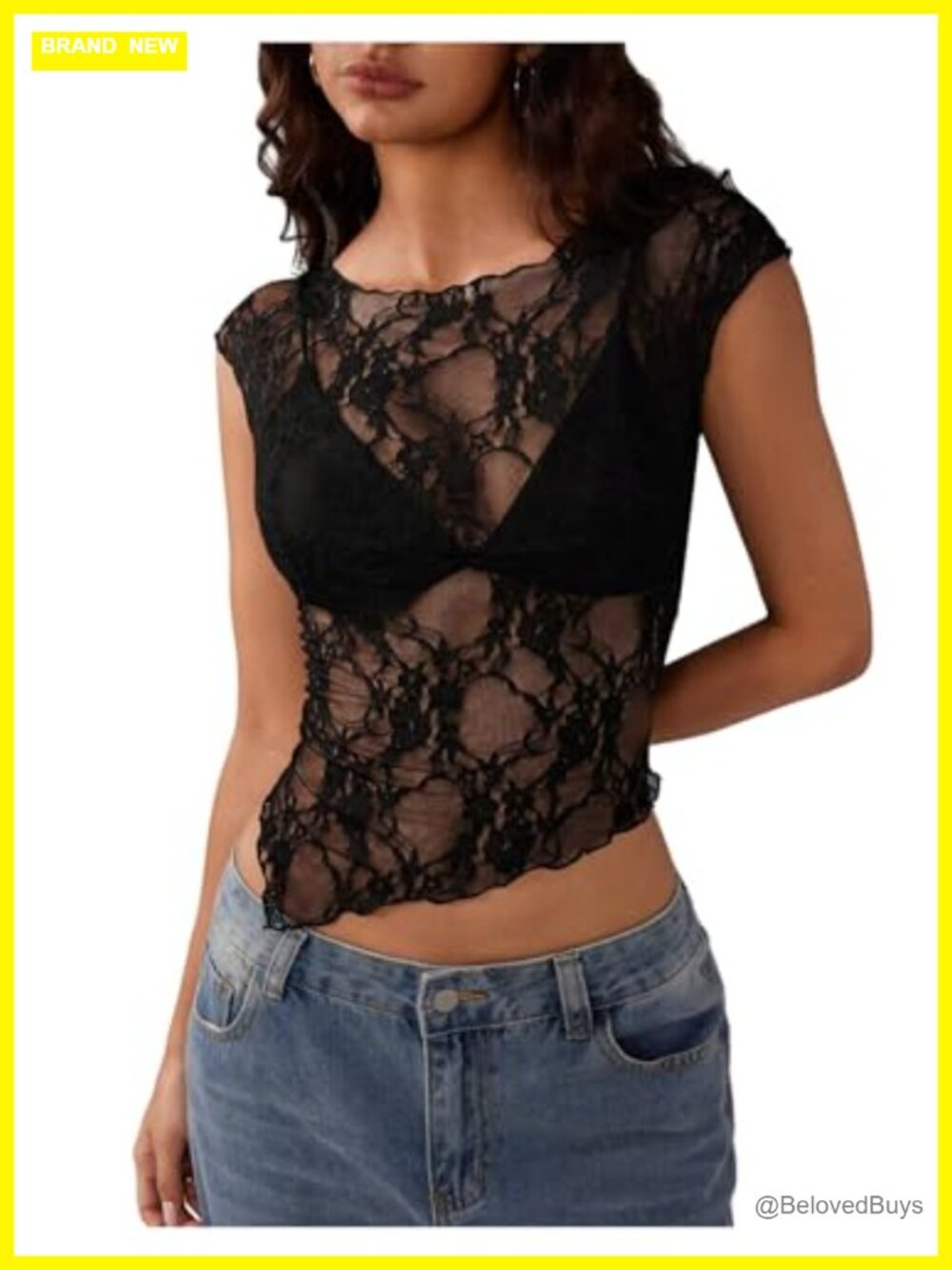 SHENHE Women's Y2k Floral Lace Mesh Sheer Crop Top